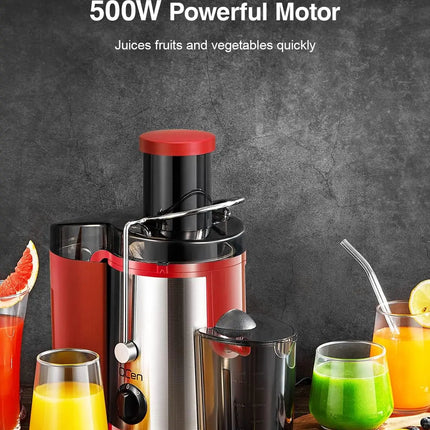 Qcen Juicer Machine, 500W Centrifugal Juicer Extractor with Wide Mouth 3” Feed Chute for Fruit Vegetable, Easy to Clean, Red
