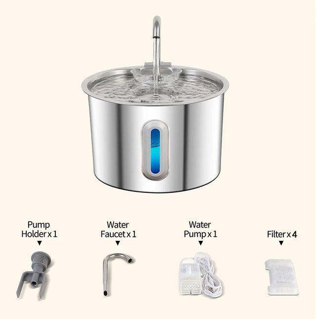 Stainless Steel Pet Water Fountain 2.2L - Automatic Dispenser with Filter System