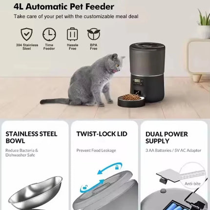 4L Smart Automatic Pet Feeder - Tuya WiFi or Button Control, ABS+SUS304 Stainless Steel Bowl