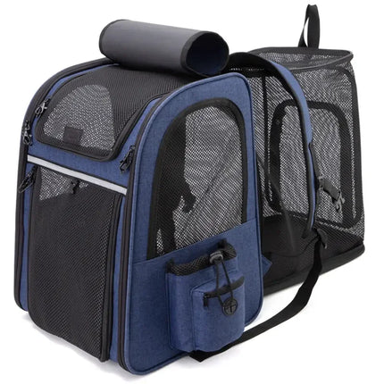 3-in-1 Foldable Wheeled Pet Carrier Trolley - Backpackable, Breathable, Large Capacity, Gray/Blue