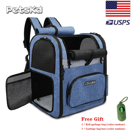 Petskd Sturdy Frame Pet Backpack - 3-Sided Mesh, Double Doors, 13x11x16.5in, up to 20lbs, Grey/Blue